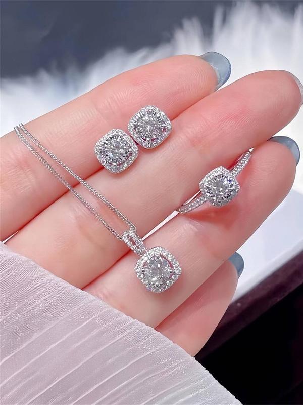 Elegant Geometric Rhinestone Decorated Jewelry Set, Including Pendant Necklace & Earrings & Ring, Women's Exquisite Trendy Jewelry Set, Fashionable Jewelry Set for Party Decoration