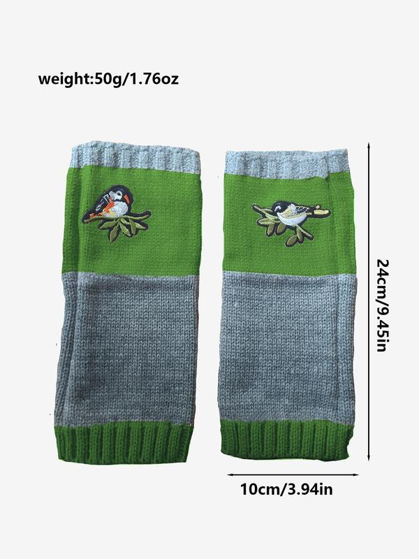 Cute Bird Embroidery Design Fingerless Gloves, Casual Warm Knitted Gloves for Fall & Winter, Fashion Accessories for Women & Girls