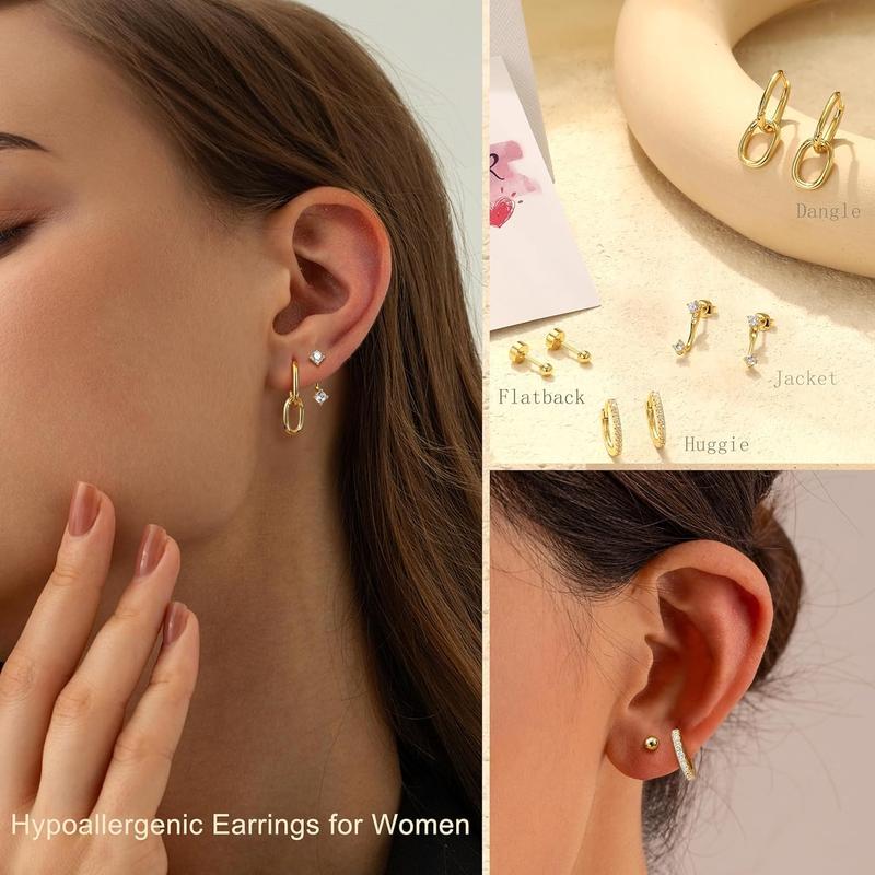 4 Pairs Gold Earrings Set for Women Hypoallergenic Stainless Surgical Steel Flat Back Stud Hoop Stacks for Multiple Piercing Dangle Huggie Tragus Helix Cartilage Piercing Jewelry Jacket Pack Silver