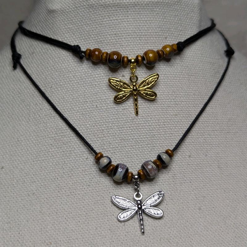 Dragonfly Charm Ceramic Beaded Silver or Gold Boho Hippie Whimsical Adjustable Black Rope Cord Choker Stacking Necklace