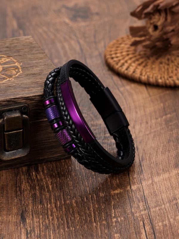 Punk Style Braided Textured Design Pu Leather Tiered Layered Magnetic Bracelet, Stainless Steel Accessories for Men Women, Party, Daily Decor, Birthday Gift