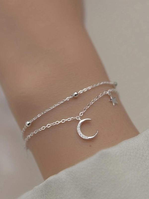 Women's Elegant Trendy Double Layer Chain Bracelet with Moon & Star Design,  Exquisite Adjustable Bracelet for Daily Decoration, Trendy All-match & Exquisite Jewelry for Birthday Gift