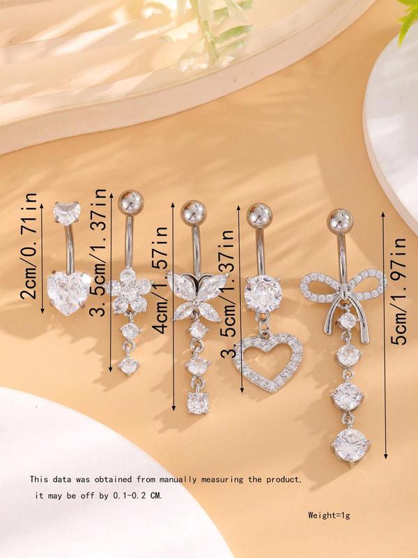 Rhinestone Decorated Belly Ring, Bow & Heart & Flower Design Belly Piercing Jewelry for Women, Fashion Accessories for Party, Daily Clothing Decor