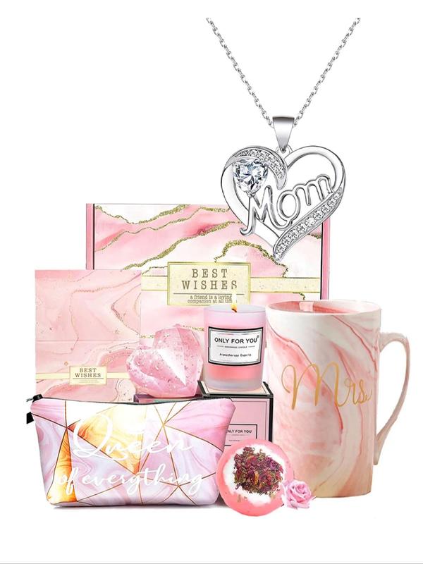 Rhinestone Decor Heart & Letter Design Pendant Necklace & Cup & Candle & Scented Candle & Box, Trendy Jewelry Set for Birthday Gift