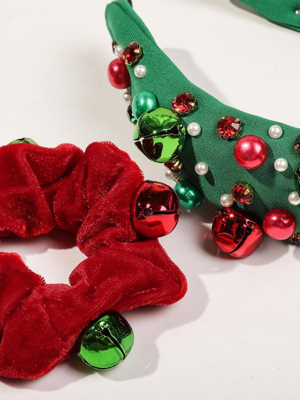 Christmas Themed Hair Accessories Set, Cute Faux Pearl Decor Headband & Ruched Design Hair Ties, Fashion Hair Accessories for Women & Girls