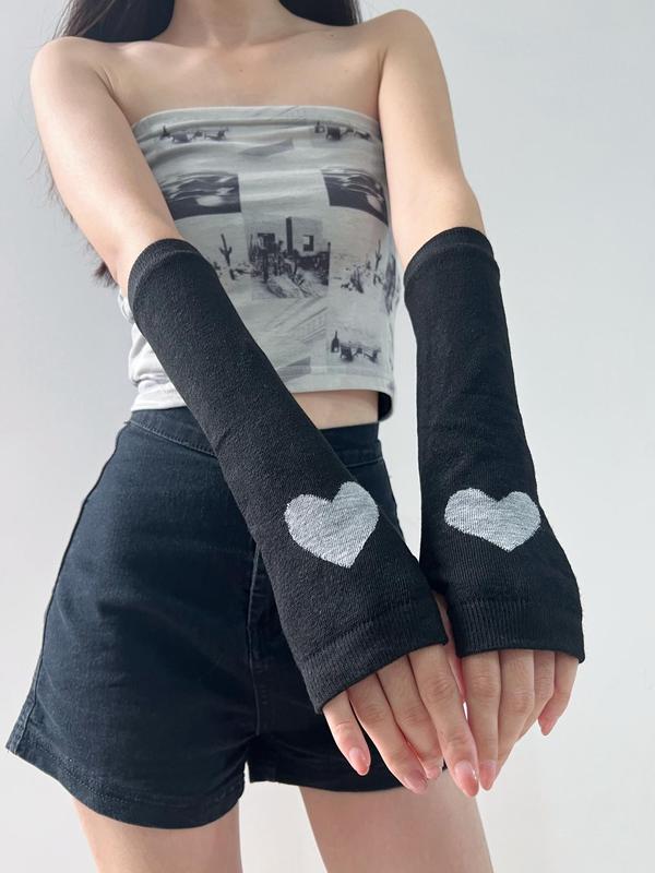 Women's Colorblock Star & Heart Print Arm Sleeves, 1 Pair Fashion Cute Patchwork Knit Gloves for Daily Outdoor Wear, Casual Breathable Comfortable Elastic Arm Sleeves