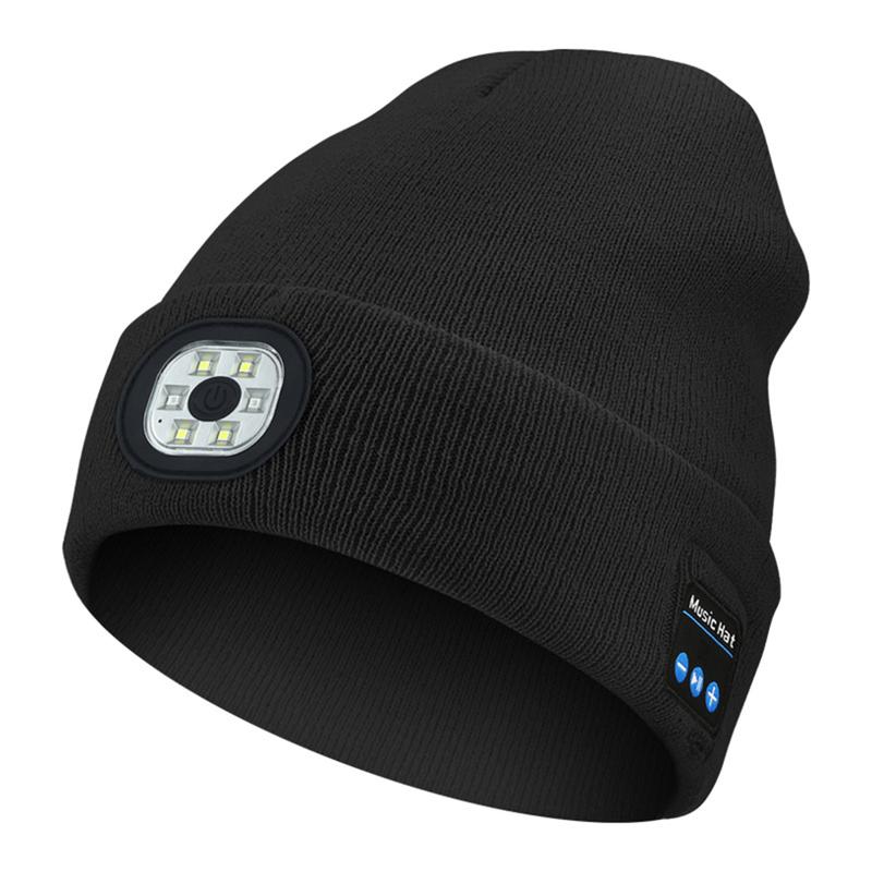 Bluetooth Beanie Hat with Light, Unisex LED Cap with Headphones Built-in Stereo Speakers & Mic, Tech Gift for Men Women Dad Black