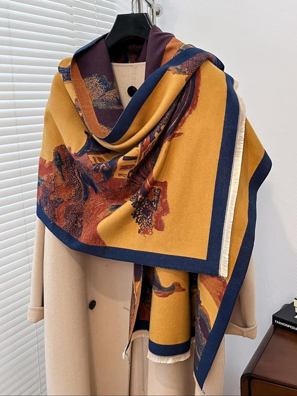 Landscape Print Scarf, Boho Style Shawl for Women, Casual Soft Warm Long Scarf for Fall & Winter, Fashion Accessories for Daily Wear