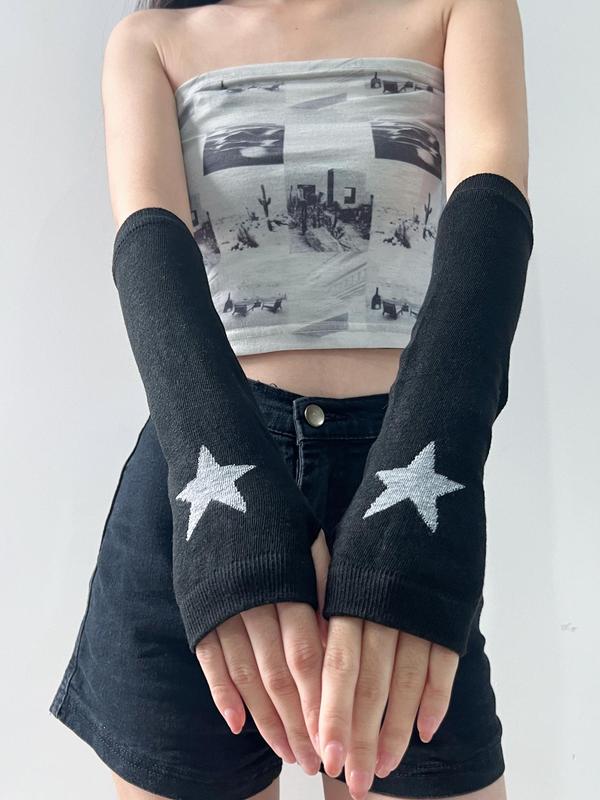 Women's Colorblock Star & Heart Print Arm Sleeves, 1 Pair Fashion Cute Patchwork Knit Gloves for Daily Outdoor Wear, Casual Breathable Comfortable Elastic Arm Sleeves