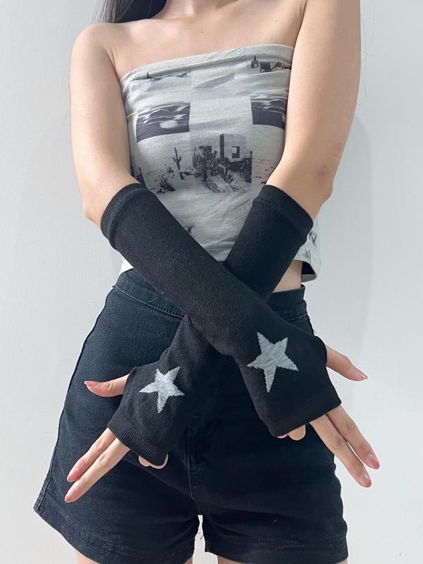 Women's Colorblock Star & Heart Print Arm Sleeves, 1 Pair Fashion Cute Patchwork Knit Gloves for Daily Outdoor Wear, Casual Breathable Comfortable Elastic Arm Sleeves