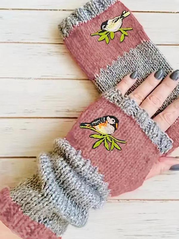 Cute Bird Embroidery Design Fingerless Gloves, Casual Warm Knitted Gloves for Fall & Winter, Fashion Accessories for Women & Girls