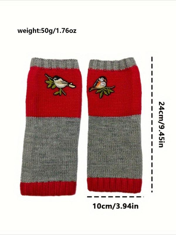 Cute Bird Embroidery Design Fingerless Gloves, Casual Warm Knitted Gloves for Fall & Winter, Fashion Accessories for Women & Girls