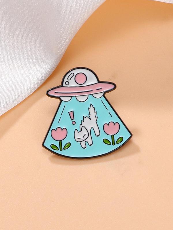 Cute Cat & UFO Design Brooch, Fashion Alloy Badge for Daily Clothing Decor, Trendy All-match & Exquisite Brooch for Birthday Gift