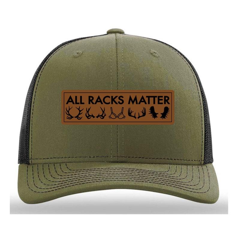 All Racks Matter Hat, Gag Hat, Deer Hunting Hat, Hunting Hat, leather patch trucker hat, cap daddy