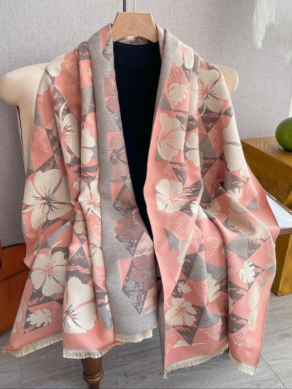 Women's Floral Print Tassel Decor Scarf, Boho Style Soft Warm Shawl for Fall & Winter, Fashion Accessories for Women & Girls Dainty Gift for Your Love