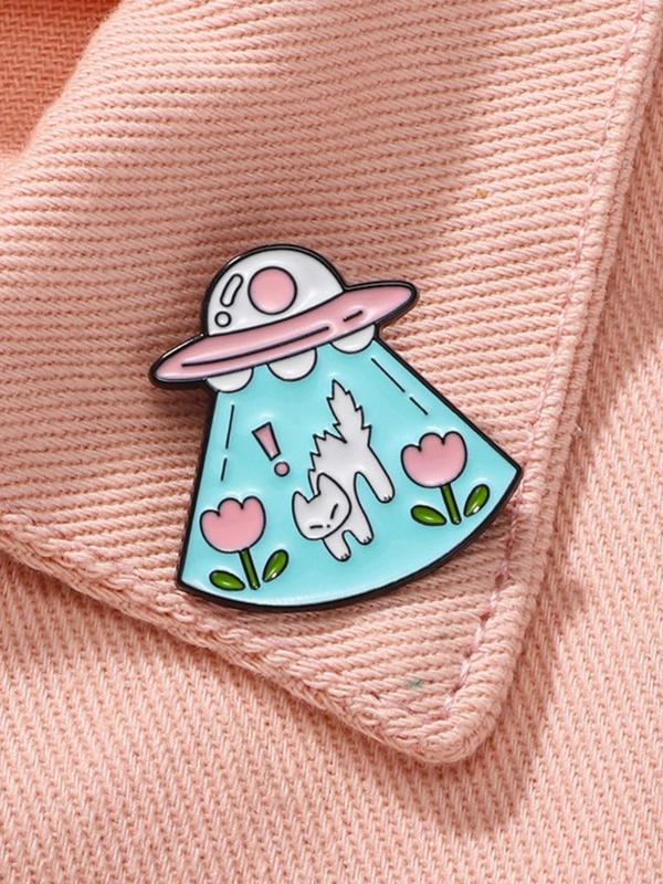 Cute Cat & UFO Design Brooch, Fashion Alloy Badge for Daily Clothing Decor, Trendy All-match & Exquisite Brooch for Birthday Gift