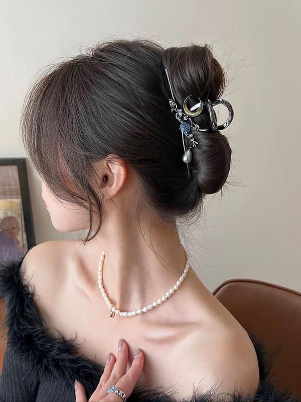 Elegant Moon & & Flower & Faux Pearl Decorated Hair Claw, Casual Versatile Alloy Claw Clip for Women & Girls, All-match Fashion Hair Accessories for Daily & Party Decoration