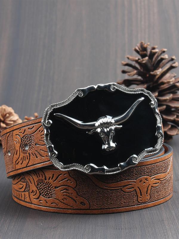 Western Cow Head Design PU Buckle Belt, Fashionable Animal Decor Belt for Men & Women, Trendy All-match & Exquisite Belt for Birthday Gift