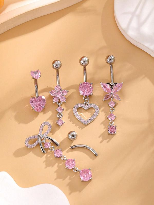 Rhinestone Decorated Belly Ring, Bow & Heart & Flower Design Belly Piercing Jewelry for Women, Fashion Accessories for Party, Daily Clothing Decor