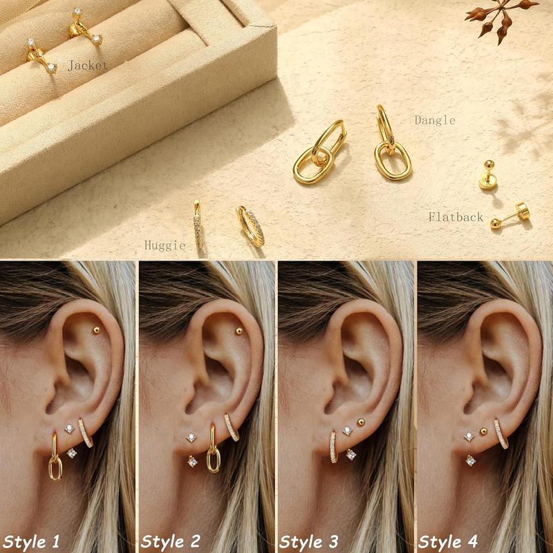 4 Pairs Gold Earrings Set for Women Hypoallergenic Stainless Surgical Steel Flat Back Stud Hoop Stacks for Multiple Piercing Dangle Huggie Tragus Helix Cartilage Piercing Jewelry Jacket Pack Silver