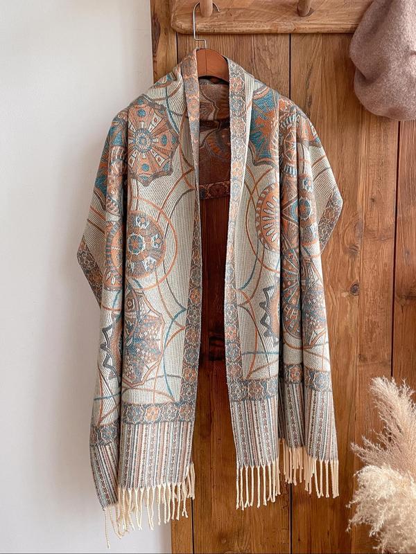 Boho Style Geometric Pattern Tassel Decor Shawl, Casual Warm Long Scarf for Fall & Winter, Fashion Accessories for Women & Men Dainty Gift for Your Love