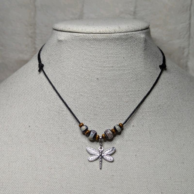 Dragonfly Charm Ceramic Beaded Silver or Gold Boho Hippie Whimsical Adjustable Black Rope Cord Choker Stacking Necklace