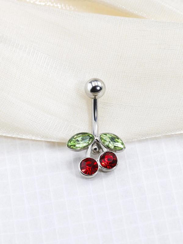 Cute Cherry Design Rhinestone Decorated Belly Ring, Stainless Steel Belly Piercing Navel Ring for Women & Girls, Party, Daily Clothing Decor, Birthday Gift