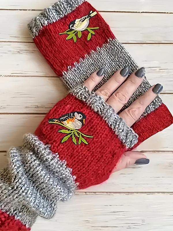 Cute Bird Embroidery Design Fingerless Gloves, Casual Warm Knitted Gloves for Fall & Winter, Fashion Accessories for Women & Girls