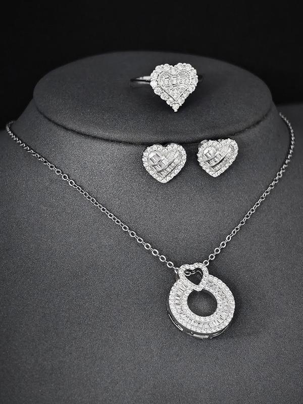 Women's Elegant Rhinestone Decor Jewelry Set, Exquisite Trendy Heart Design Pendant Necklace & Ring & Stud Earrings, Chic Jewelry Set for Party & Daily Decor