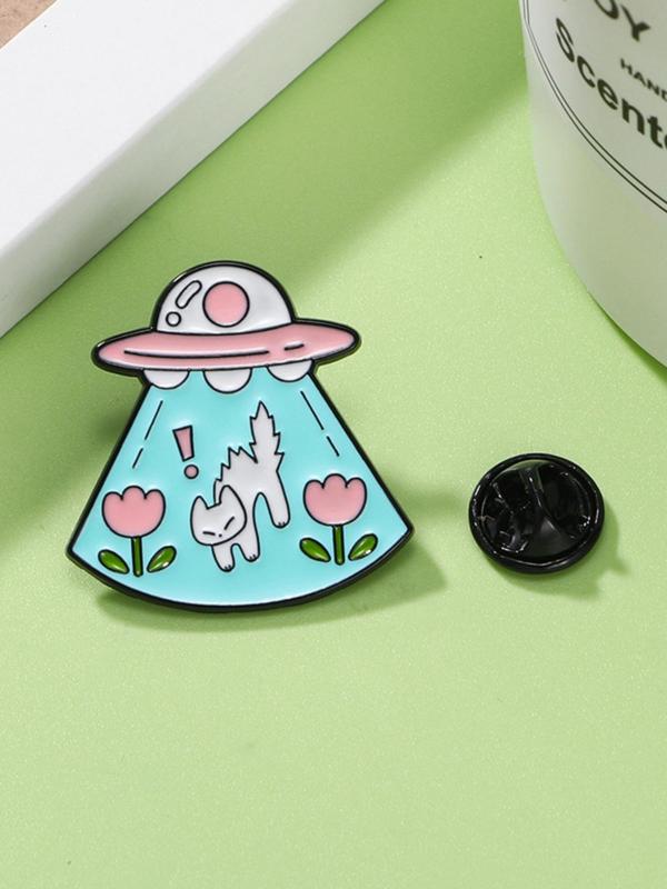 Cute Cat & UFO Design Brooch, Fashion Alloy Badge for Daily Clothing Decor, Trendy All-match & Exquisite Brooch for Birthday Gift