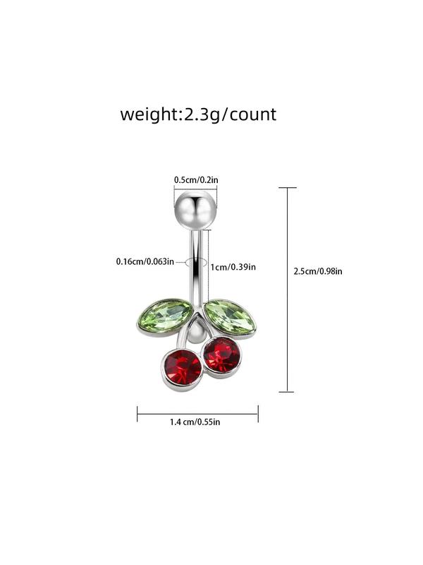 Cute Cherry Design Rhinestone Decorated Belly Ring, Stainless Steel Belly Piercing Navel Ring for Women & Girls, Party, Daily Clothing Decor, Birthday Gift