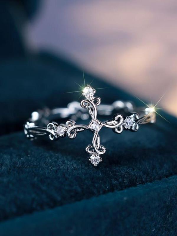 Fashion Easter Cross Promise Rings for Women, Rhinestone Inlaid Decor Engagement Ring, Trendy Elegant Vintage Jewelry for Wedding Party, Fashion Women Accessories As Gift