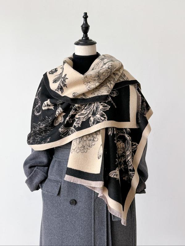 Butterfly & Floral Print Tassel Decor Scarf, Casual Soft Warm Shawl for Fall & Winter, Fashion Accessories for Women & Men