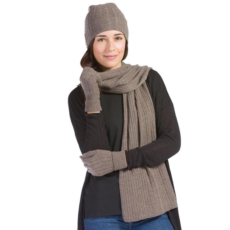 Women's 3pc 100% Pure Cashmere Cable Knit Hat Glove Scarf Set with Gift Box - Outlet