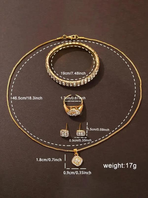 Women's Elegant Rhinestone Decorated Quartz Watch & Jewelry Set, Including Round Dial Watch & Pendant Necklace & Ring & Stud Earrings & Bracelet, Chic Watch Set for Women As Gift without Box