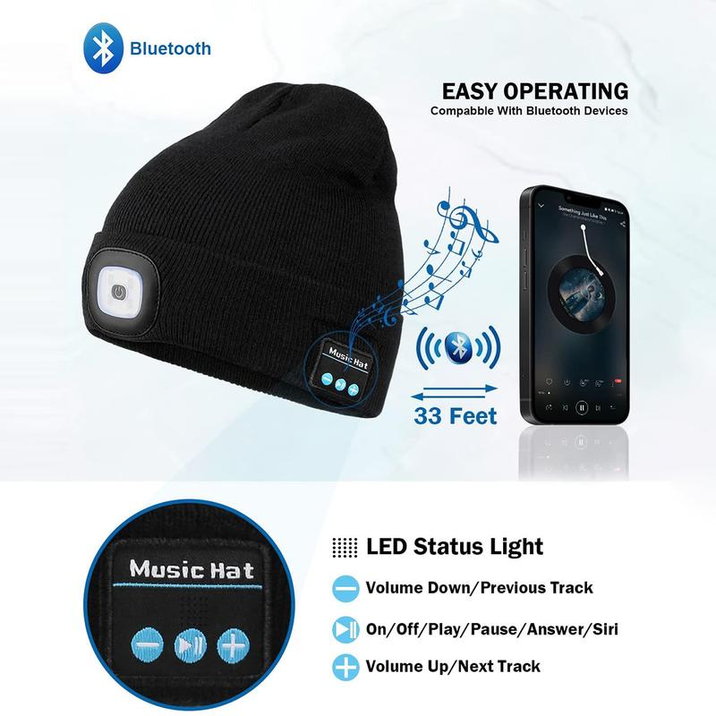 Bluetooth Beanie Hat with Light, Unisex LED Cap with Headphones Built-in Stereo Speakers & Mic, Tech Gift for Men Women Dad Black