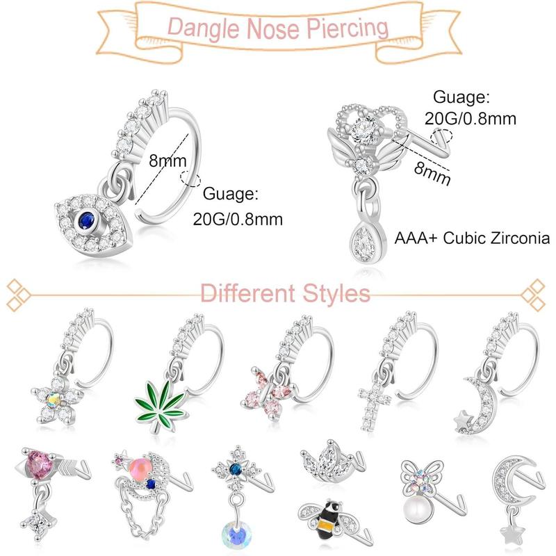 14Pcs Dangle Nose Ring L Shaped Dangling Nose Stud Cute Star Heart 20g Stainless Steel Nose Ring Hoop Indian Nose Piercing Jewelry with Charm