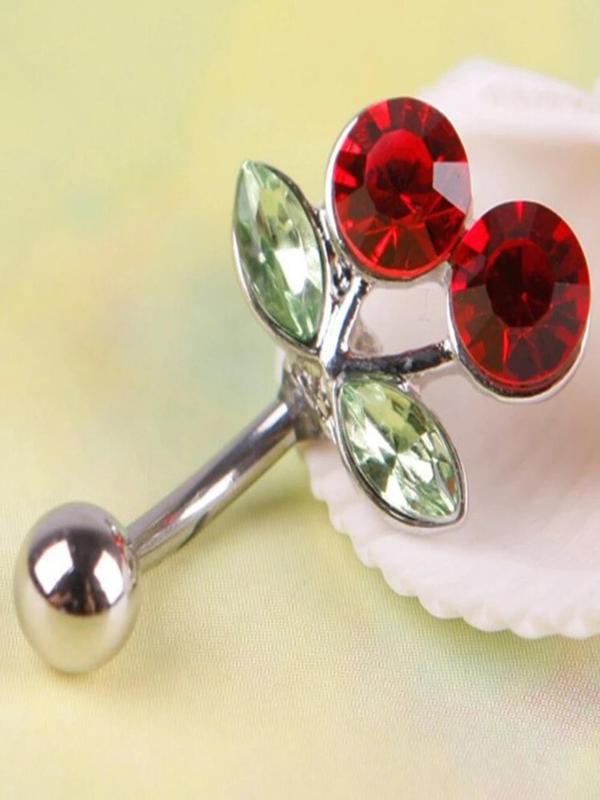 Cute Cherry Design Rhinestone Decorated Belly Ring, Stainless Steel Belly Piercing Navel Ring for Women & Girls, Party, Daily Clothing Decor, Birthday Gift