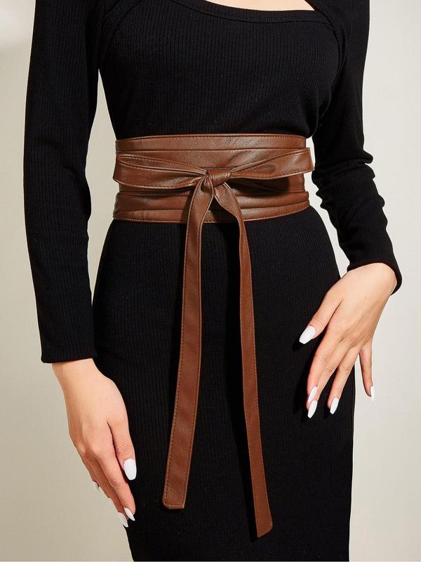 Fashion Lace Up Front Design Wide Belt, Casual Streetwear PU Leather Waist Sash for Women & Men, Fashion All-match Clothes Accessories for Dress