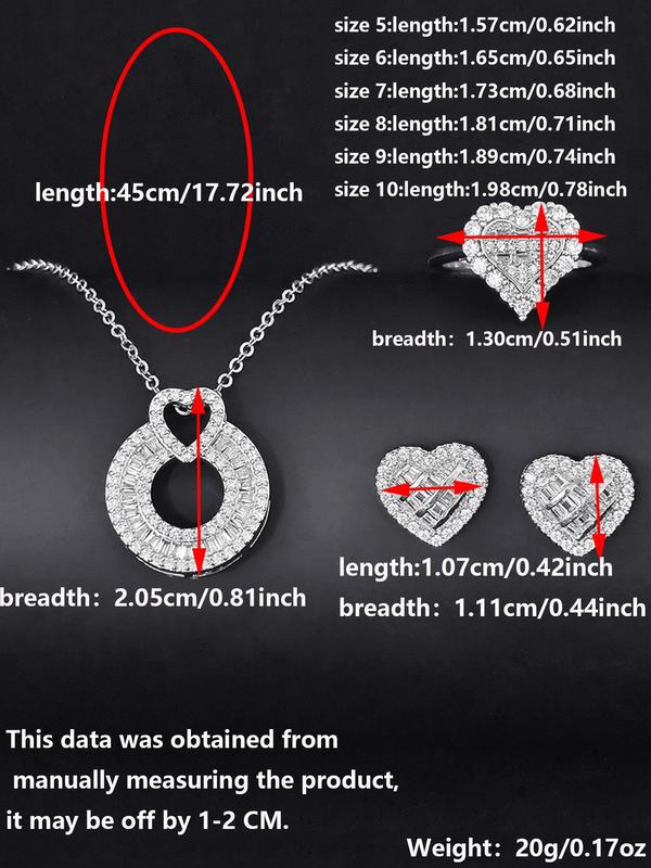 Women's Elegant Rhinestone Decor Jewelry Set, Exquisite Trendy Heart Design Pendant Necklace & Ring & Stud Earrings, Chic Jewelry Set for Party & Daily Decor