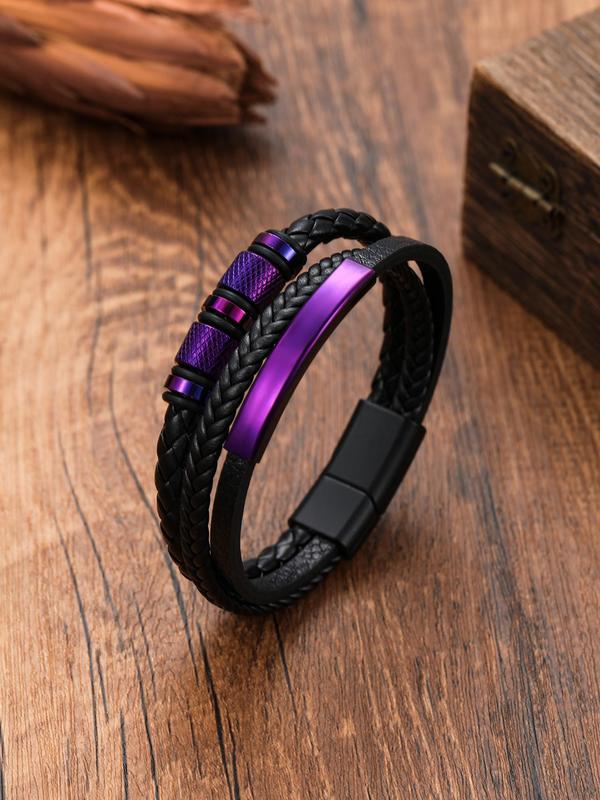 Punk Style Braided Textured Design Pu Leather Tiered Layered Magnetic Bracelet, Stainless Steel Accessories for Men Women, Party, Daily Decor, Birthday Gift