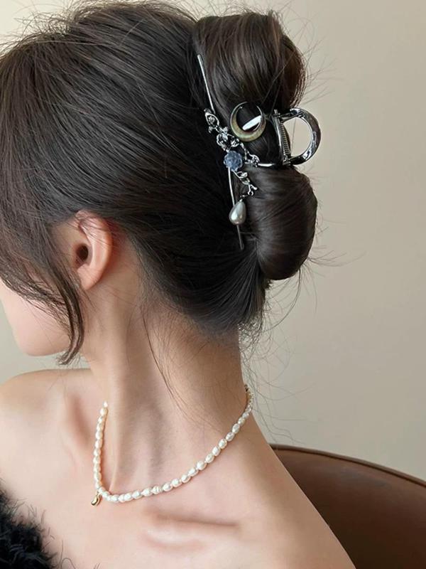 Elegant Moon & & Flower & Faux Pearl Decorated Hair Claw, Casual Versatile Alloy Claw Clip for Women & Girls, All-match Fashion Hair Accessories for Daily & Party Decoration