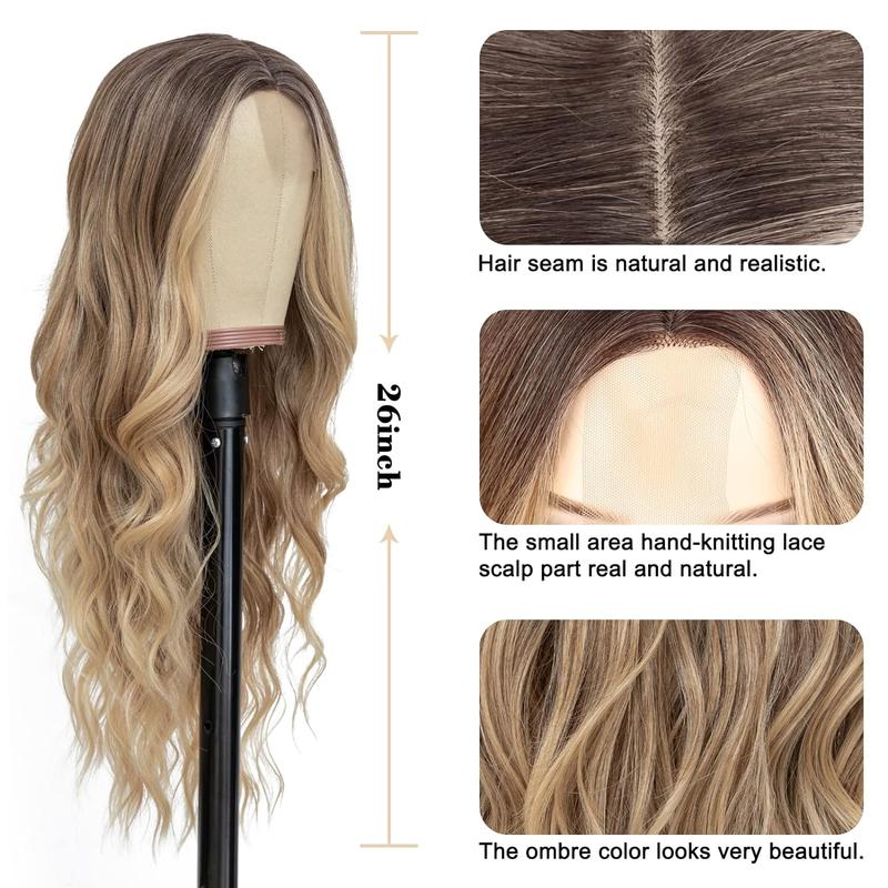 Long Ombre Blonde Wavy Wig for Women 28 Inch Middle Part Curly Wavy Wig Natural Looking Synthetic Heat Resistant Fiber Wig for Daily Party Use