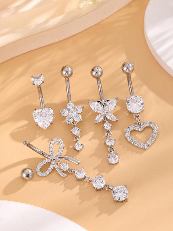 Rhinestone Decorated Belly Ring, Bow & Heart & Flower Design Belly Piercing Jewelry for Women, Fashion Accessories for Party, Daily Clothing Decor