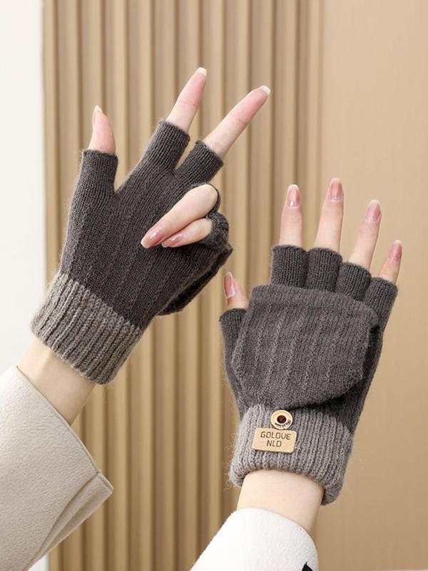 Colorblock Knitted Gloves, Fingerless Gloves with Flip Cover, Casual Windproof Warm Gloves for Fall & Winter, Fashion Accessories for Men & Women