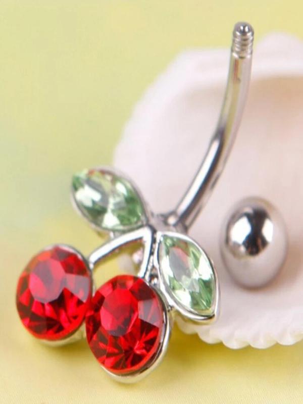 Cute Cherry Design Rhinestone Decorated Belly Ring, Stainless Steel Belly Piercing Navel Ring for Women & Girls, Party, Daily Clothing Decor, Birthday Gift