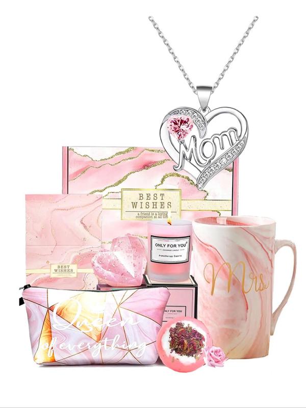 Rhinestone Decor Heart & Letter Design Pendant Necklace & Cup & Candle & Scented Candle & Box, Trendy Jewelry Set for Birthday Gift