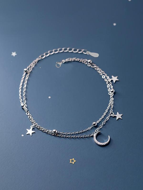 Women's Elegant Trendy Double Layer Chain Bracelet with Moon & Star Design,  Exquisite Adjustable Bracelet for Daily Decoration, Trendy All-match & Exquisite Jewelry for Birthday Gift