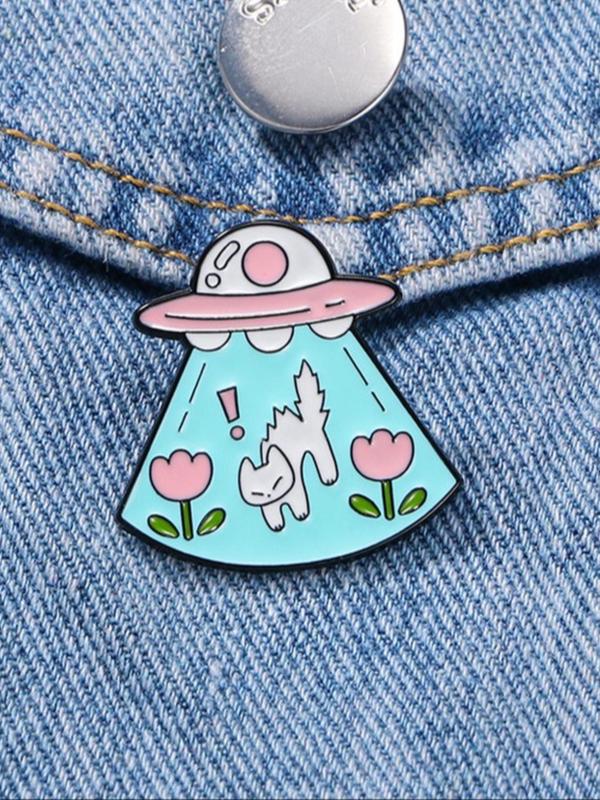 Cute Cat & UFO Design Brooch, Fashion Alloy Badge for Daily Clothing Decor, Trendy All-match & Exquisite Brooch for Birthday Gift