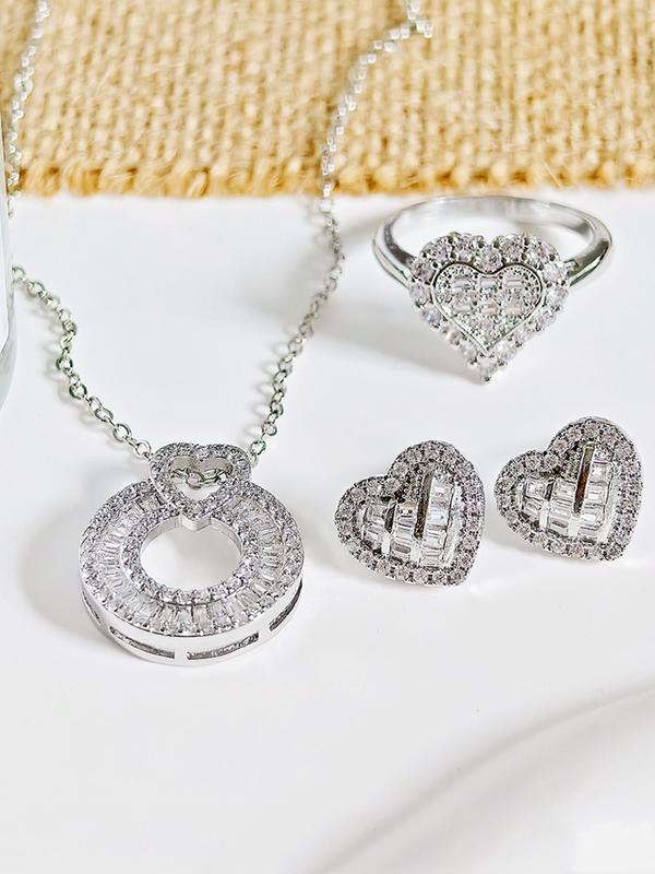 Women's Elegant Rhinestone Decor Jewelry Set, Exquisite Trendy Heart Design Pendant Necklace & Ring & Stud Earrings, Chic Jewelry Set for Party & Daily Decor